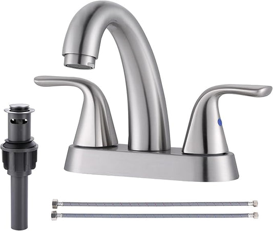 Brushed Nickel Centerset Bathroom Faucet: ALEASHA 4 Inch Centerset Bathroom Faucet, 2-Handle Vanity Sink Faucet with Pop Up Drain Stopper, RV Lavatory Faucets for Washroom Sink