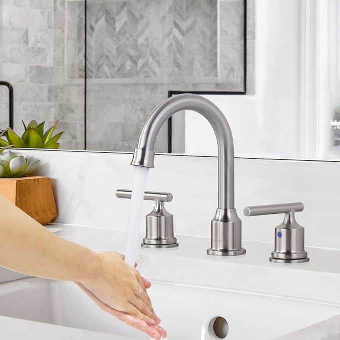 WOWOW Widespread Bathroom Faucet Brushed Nickel Bathroom Sink Faucet 8 inch Vanity Tap 2 Handle 3 Holes Deck Mount Taps with Drain