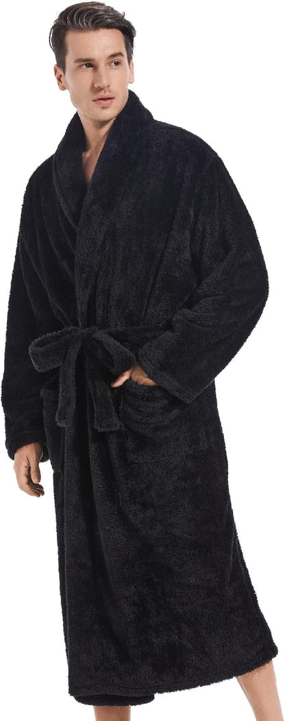 Inner Wish Mens Plush Fleece Robe, Cozy Warm Bathrobe Fuzzy Male Spa Long Robe With Pockets (DARK GREY)