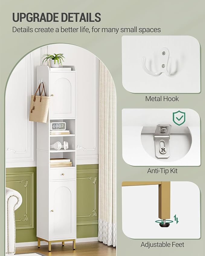 Bathroom Cabinet with Adjustable Shelves & Door, Freestanding Tall Floor Storage Cabinet with Drawer - Narrow Toilet Paper Organizer for Bathroom, White BC29013G