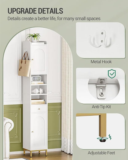 Bathroom Cabinet with Adjustable Shelves & Door, Freestanding Tall Floor Storage Cabinet with Drawer - Narrow Toilet Paper Organizer for Bathroom, White BC29013G