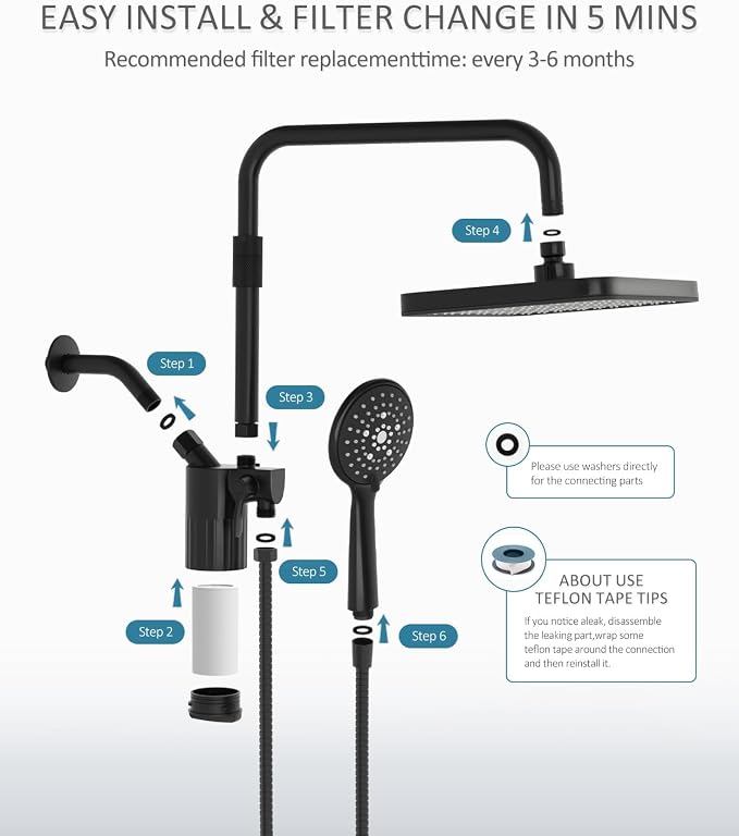 12 Inch Shower Head with Filters Rain Shower Head with Handheld Spray Combo | Filtered Shower Heads with Handheld,High Pressure Rainfall Dual Showerhead,Adjust Height and Angle of Extension Arm,Black
