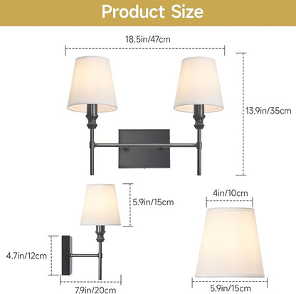 Bathroom Vanity Light,Vintage Bathroom Lighting Fixture Over Mirror,2-Light Black Vanity Light,Double Wall Sconce With Flared White Fabric Lampshade For Bedroom,Living Room,Hardwired, E12 Base