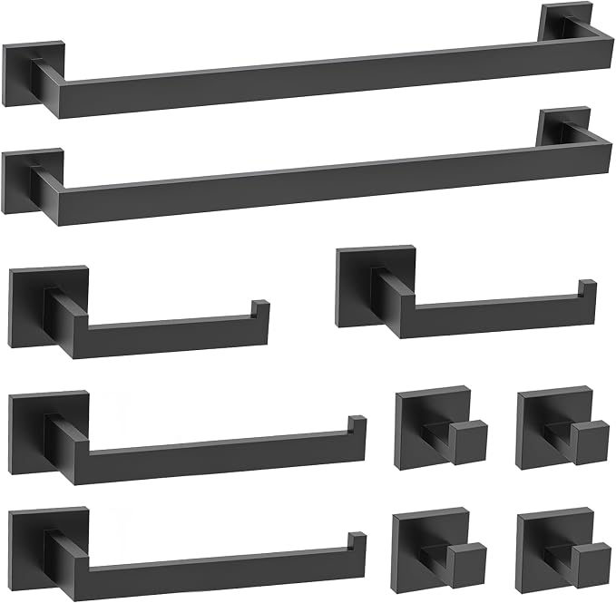 TURS Matte Black 10-Piece Bathroom Hardware Set Towel Bar Set SUS304 Stainless Steel Towel Racks for Bathroom Wall Mounted, 23.6-Inch