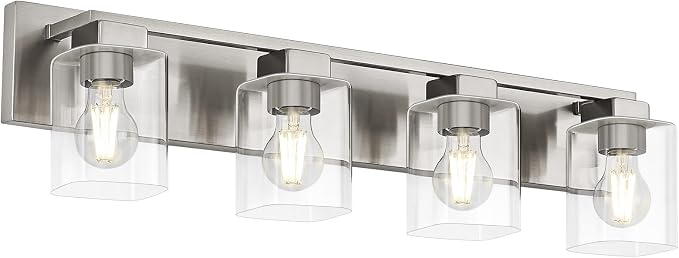 4-Light Brushed Nickel Bathroom Light Fixtures, with Clear Glass Shade | 29.5 Inch Bathroom Lighting Fixtures Over Mirror, Modern Wall Light, bathroom vanity light E26 Socket, ETL