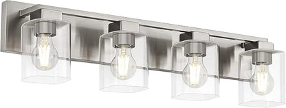 4-Light Brushed Nickel Bathroom Light Fixtures, with Clear Glass Shade | 29.5 Inch Bathroom Lighting Fixtures Over Mirror, Modern Wall Light, bathroom vanity light E26 Socket, ETL