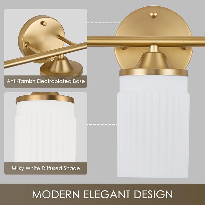 Jonsi Gold Bathroom Light Fixtures 3-Light Vanity Lights Modern Wall Sconce with Milk White Shade Brushed Brass Bathroom Light Fixture Over Mirror for Bedroom Hallway Kitchen