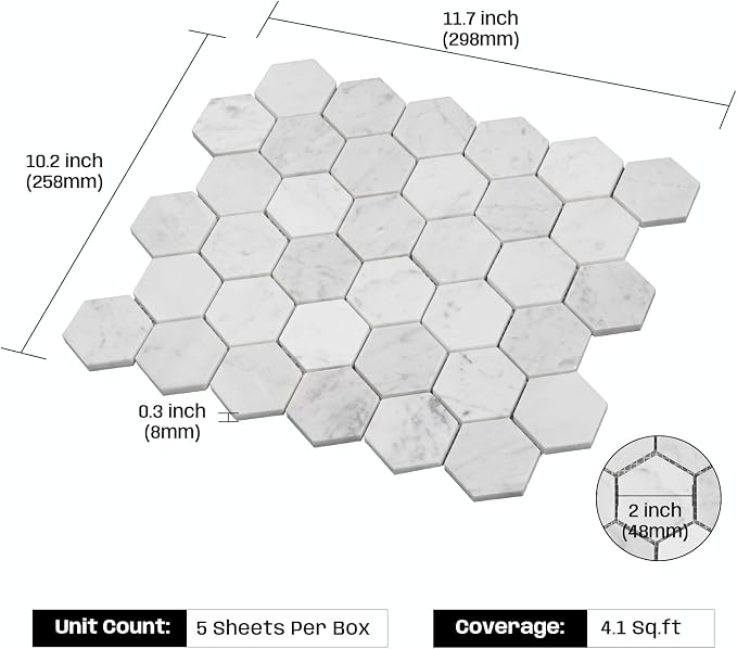 Carrara White Marble Mosaic Tile for Kitchen Bathroom Wall 2" Hexagon 5 Pcs | Water & Heat Resistant Polished Marble Backsplash Tiles for Wall Floor Fireplace Surround Durable Unique Veins 4.1SQFT