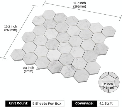 Carrara White Marble Mosaic Tile for Kitchen Bathroom Wall 2" Hexagon 5 Pcs | Water & Heat Resistant Polished Marble Backsplash Tiles for Wall Floor Fireplace Surround Durable Unique Veins 4.1SQFT