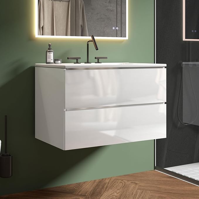 30" Bathroom Vanity with Sink, Modern Floating Vanity with Double Soft Closing Drawers, Large Storage for Small Space, Glossy White, Fully Assembled - Iris Collection
