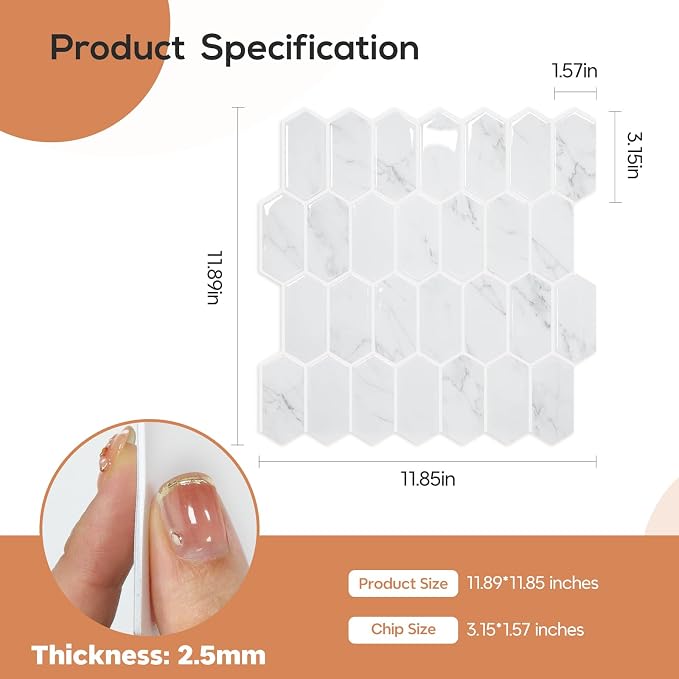 Vamos Tile Upgraded Thicker Design Backsplash Tile Peel and Stick, 10-Sheet Grey Marble Long Hexagon Self Adhesive Wall Tiles Stick On Backsplash for Kitchen Bathroom RV Fireplace
