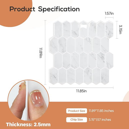 Vamos Tile Upgraded Thicker Design Backsplash Tile Peel and Stick, 10-Sheet Grey Marble Long Hexagon Self Adhesive Wall Tiles Stick On Backsplash for Kitchen Bathroom RV Fireplace