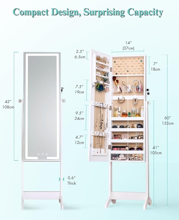 LUXFURNI Standing Jewelry Armoire Cabinet with Full‑Length Mirror Storage | 3‑Color LED Lights, 3 Brush Holders, 3 Adjustable Tilt Angles, True‑to‑View Glass, USB‑Powered Supply, Lockable Design
