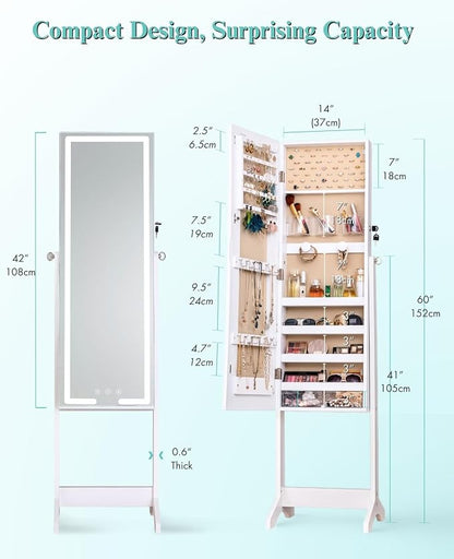 LUXFURNI Standing Jewelry Armoire Cabinet with Full‑Length Mirror Storage | 3‑Color LED Lights, 3 Brush Holders, 3 Adjustable Tilt Angles, True‑to‑View Glass, USB‑Powered Supply, Lockable Design