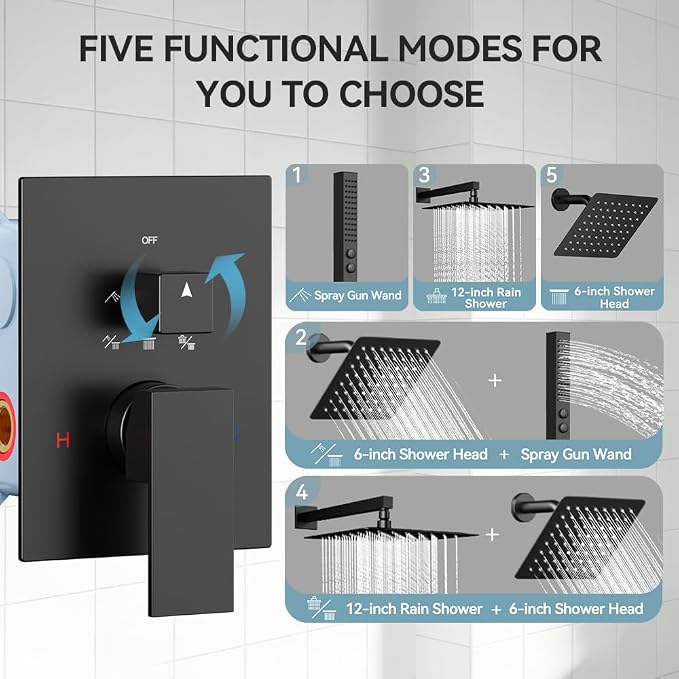 Shower Faucet Sets Rainfall Shower System, 12'' and 6'' Wall Mount Dual Shower Head, 2-in-1 Handheld Spray Gun, 5 Function Diverter with Pressure Balancing Valve Shower Set Matte Black