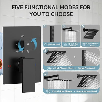 Shower Faucet Sets Rainfall Shower System, 12'' and 6'' Wall Mount Dual Shower Head, 2-in-1 Handheld Spray Gun, 5 Function Diverter with Pressure Balancing Valve Shower Set Matte Black
