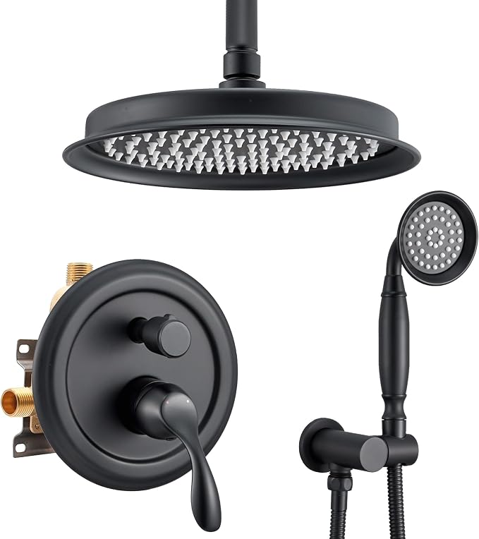 DASAN Rain Shower System Complete Antique Shower Faucet Sets, Shower Fixtures Combo with Pressure Balance Valve, Trim Kit, 9’’ Rainfall Overhead Shower & Handheld, Color Matte Black AT209C-BK
