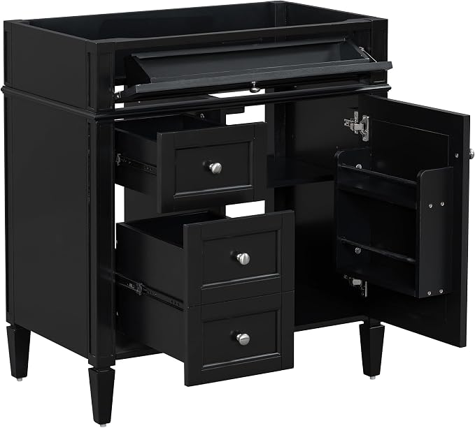 30" Bathroom Vanity Without Top Sink,Modern Freestanding Bath Storage Cabinet with 2 Soft-Close Drawers & Tip-Out Tray,Solid Wood Vanity Only w/Adjustable Shelf & Door Organizer,Black