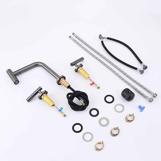 3 Hole Basin Faucets Pull Out Basin Mixer Faucet Brass 2 Mode Hot and Cold Water Double Handle Bathroom Mixer Faucet-Grey