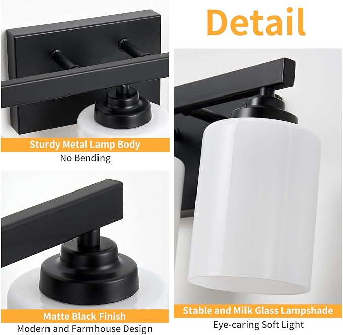 Bathroom Light Fixtures, Vanity Light Over Mirror Black 3-Light Fixture | Modern bathroom vanity light fixture with metal frame, ideal for mirrors, bedrooms and hallways. Fits E26 bulbs.
