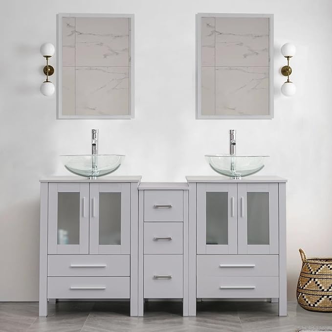 UEV 60" Modern Bathroom Vanity Set in Grey, Double Bathroom Vanities with Sink Combos and Removable Side Cabinet, Bathroom Vanity Set for Bathroom & Toilet,Mirror Not Included (A16)