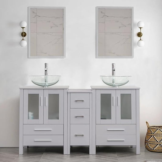 UEV 60" Modern Bathroom Vanity Set in Grey, Double Bathroom Vanities with Sink Combos and Removable Side Cabinet, Bathroom Vanity Set for Bathroom & Toilet,Mirror Not Included (A16)