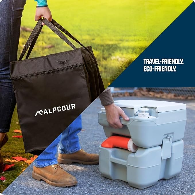 Portable Toilet – Compact Indoor & Outdoor Commode w/Travel Bag for Camping, RV, Boat – Piston Pump Flush, 6 Gallon Waste Tank, Built-In Pour Spout & Washing Sprayer for Easy Cleaning