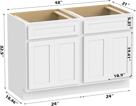 Vanity Art 48 Inch Bathroom Base Cabinet Only, Double Sink Top (Not Include Sink) with Door & Soft Close Hinge, Unassembled Floor Cabinet, White, 2ea 24 Inch Combo