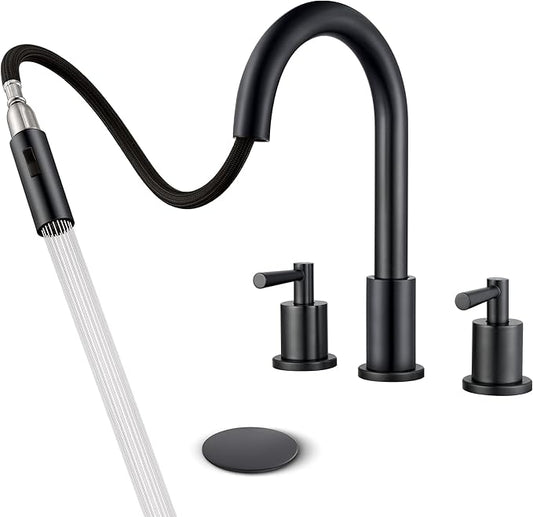 Bathroom Faucet with Sprayer - Matte Black Bathroom Faucet 3 Holes - Widespread Sink Faucets 2 Handles - Pull Down Vanity Faucets with Pop Up Drain and Supply Lines