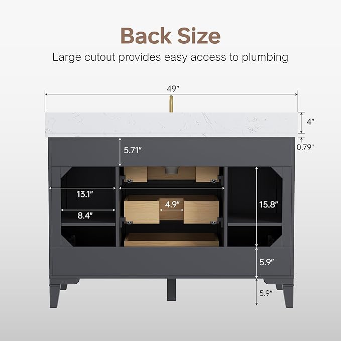 48 Inch Bathroom Vanity with Sink, Fully Assembled, Deep Grey | Solid wood vanity with engineered stone countertop and backsplash, Soft-close doors, 3 dovetail drawers, Ceramic Sink