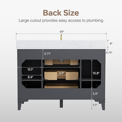 48 Inch Bathroom Vanity with Sink, Fully Assembled, Deep Grey | Solid wood vanity with engineered stone countertop and backsplash, Soft-close doors, 3 dovetail drawers, Ceramic Sink