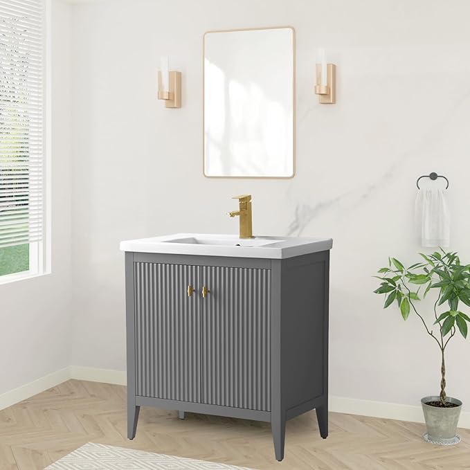 HOMEBEYOND 30" Bathroom Vanity with Ceramic Sink, Solid Wood Free-Standing Vanities Cabinet, Ceramic Top, Golden Brushed Handware & Soft Closing Door, Cashmere Gray