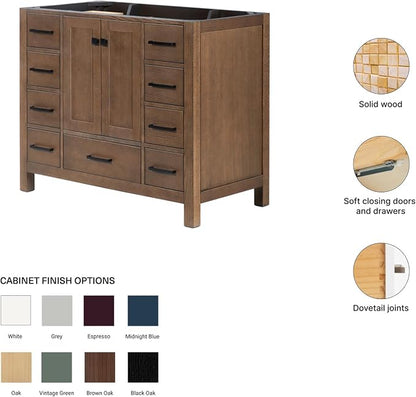 ARIEL Cambridge 42-inch Bathroom Vanity Base Cabinet,Solid Wood, 2 Soft Closing Doors, 9 Dovetail Drawers, Brown Oak