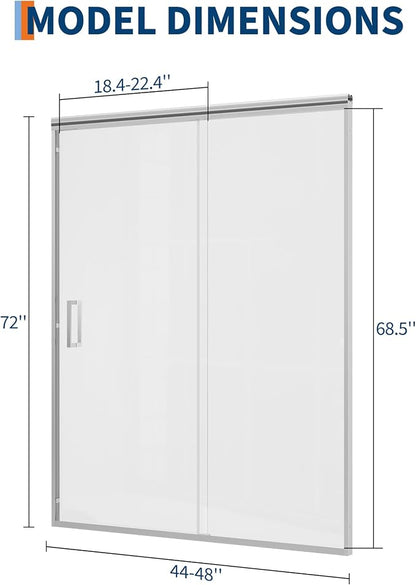 Shower Door 44-48" W x 72" H, Sliding Glass, Shower Door with 1/4'' (6mm) Clear Tempered Glass for Bathroom