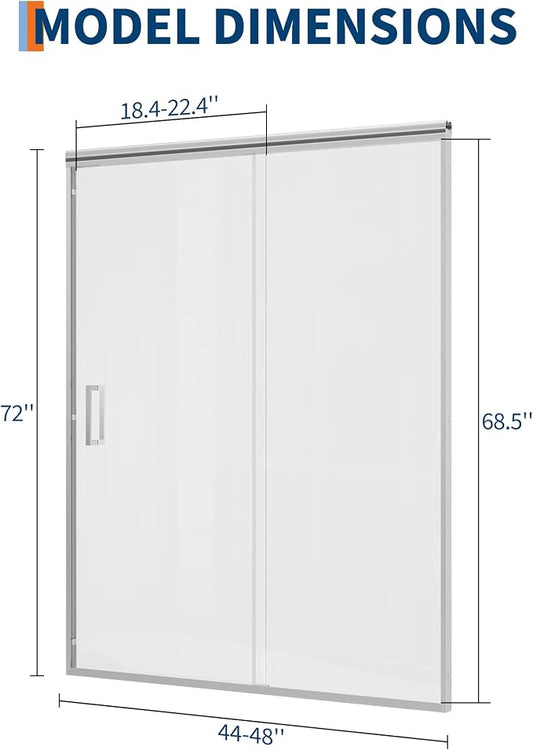 Shower Door 44-48" W x 72" H, Sliding Glass, Shower Door with 1/4'' (6mm) Clear Tempered Glass for Bathroom