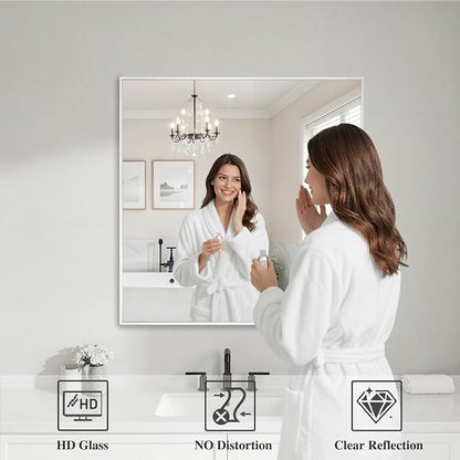 Koonmi White Rectangle Wall Mirror, 30x30 Inch Bathroom Mirror, Aluminum Frame Vanity Mirror for Entryway, Living Room, Bedroom Bathroom, Hangs Horizontally or Vertically