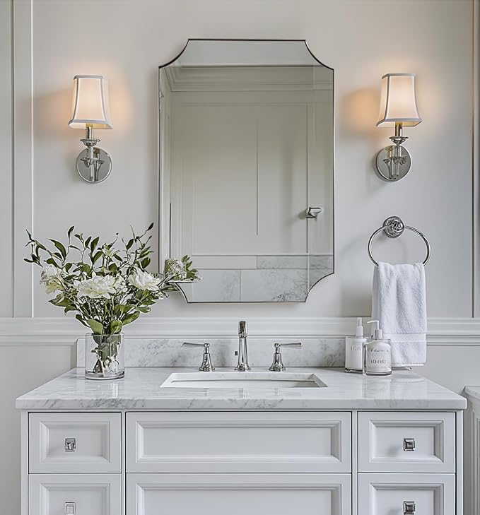 Brushed Nickel Mirror 24x36 Inch, Scalloped Bathroom Mirror, Silver Vanity Mirror in Anti-Rust Stainless Steel Metal Thin Frame Deep 1’’, Wall-Mounted Mirror (Horizontal/Vertical)