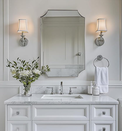 Brushed Nickel Mirror 24x36 Inch, Scalloped Bathroom Mirror, Silver Vanity Mirror in Anti-Rust Stainless Steel Metal Thin Frame Deep 1’’, Wall-Mounted Mirror (Horizontal/Vertical)