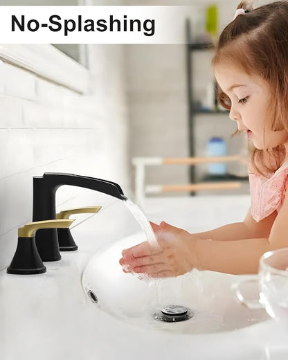 Fapully Bathroom Faucet 3 Hole, Waterfall 8 Inch Widespread Bathroom Sink Faucet with Pop-up Drain, Matte Black&Gold Two-Handle Faucets for Bathroom Sink