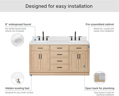 ARIEL Hepburn 66-inch Bathroom Vanity with Sink,Solid Wood, 1.5-inch Carrara White Quartz Countertop & Backsplash, Double Oval Porcelain Sink, 4 Soft Closing Doors, 6 Dovetail Drawers, White Oak