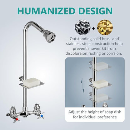 Aolemi Outdoor Shower Kit,2-Handle with Soap Dish,Polish Chrome | Solid Brass Showerhead and Valve,SUS304 Riser,6-Inch Centers,Soap Dish,Reversible Upward/Downward Exposed Shower Install