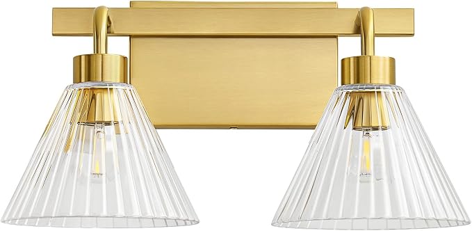 AIJIASI Bathroom Light Fixtures 2-Light Brushed Gold Vanity Lights 16 Inch Bathroom Lighting Fixtures Over Mirror with Ribbed Glass Shade Modern Wall Sconces for Living Room Hallway