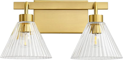 AIJIASI Bathroom Light Fixtures 2-Light Brushed Gold Vanity Lights 16 Inch Bathroom Lighting Fixtures Over Mirror with Ribbed Glass Shade Modern Wall Sconces for Living Room Hallway