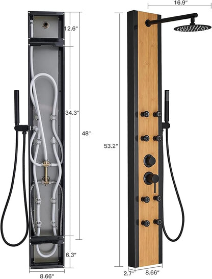 BWE Stainless Steel Shower Panel Tower System 8 Jets Multi-Function Shower Panel System Black and Bamboo Panel with Handheld Wand Wall Mount Shower Column
