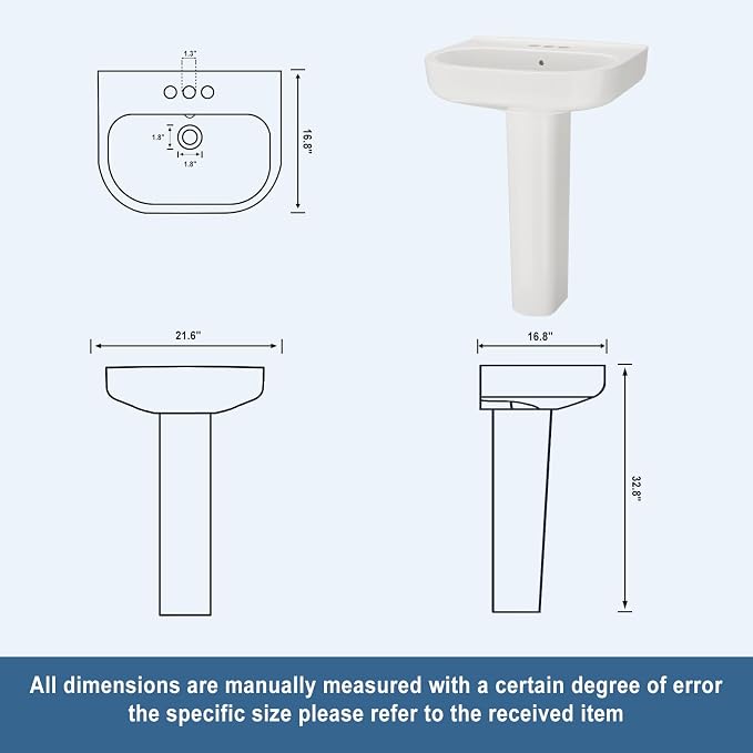 22" x 17" Pedestal Sink – White Ceramic Rectangular Bathroom Vanity with Overflow, Bathroom Pedestal Sink with 3 Pre-Drilled Holes for 4 in Faucets