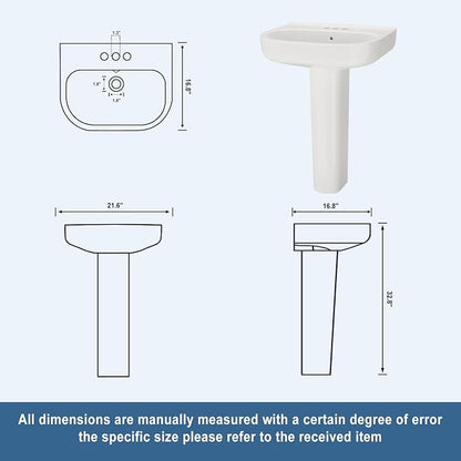 22" x 17" Pedestal Sink – White Ceramic Rectangular Bathroom Vanity with Overflow, Bathroom Pedestal Sink with 3 Pre-Drilled Holes for 4 in Faucets