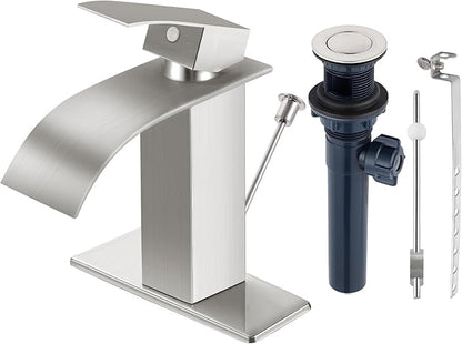 Brushed Nickel Bathroom Faucet with Lift Rod Drain, Waterfall Bathroom Sink Faucet Modern Single Handle Bathroom Faucte 1 or 3 Hole, RV Mixer Tap Vanity Faucet Washbasin Faucet with Deck