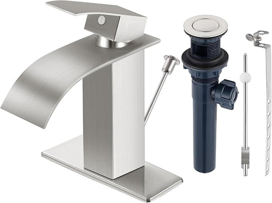 Brushed Nickel Bathroom Faucet with Lift Rod Drain, Waterfall Bathroom Sink Faucet Modern Single Handle Bathroom Faucte 1 or 3 Hole, RV Mixer Tap Vanity Faucet Washbasin Faucet with Deck
