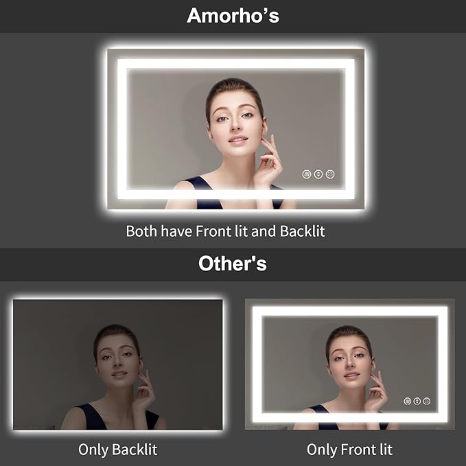 LED Mirror for Bathroom, 36"x30" with Front Light and Backlight | Stepless Dimmable, Anti-Fog, Shatter-Proof, HD Reflection, Memory, 3 Colors Lighting, UL Listed (Horizontal/Vertical).