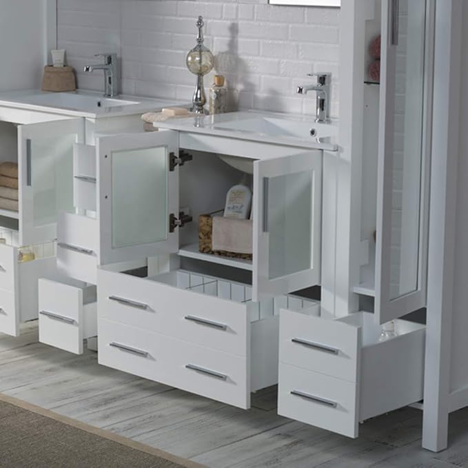 Blossom 102 Inch Bathroom Vanity with Linen Tower, Glossy White | Solid Wood, Extra Wide Double Sink, Modern European Design, Moisture Resistant Painted Finish, Includes 2 Mirror Cabinets